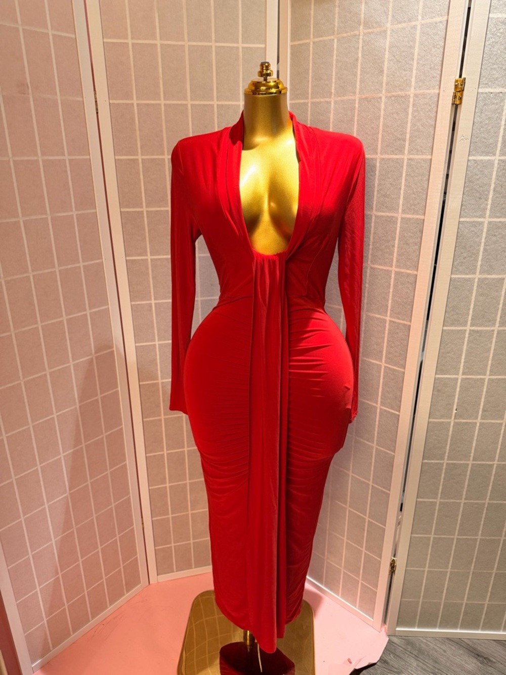 Club L London Red Long-Sleeve Plunge Long Dress